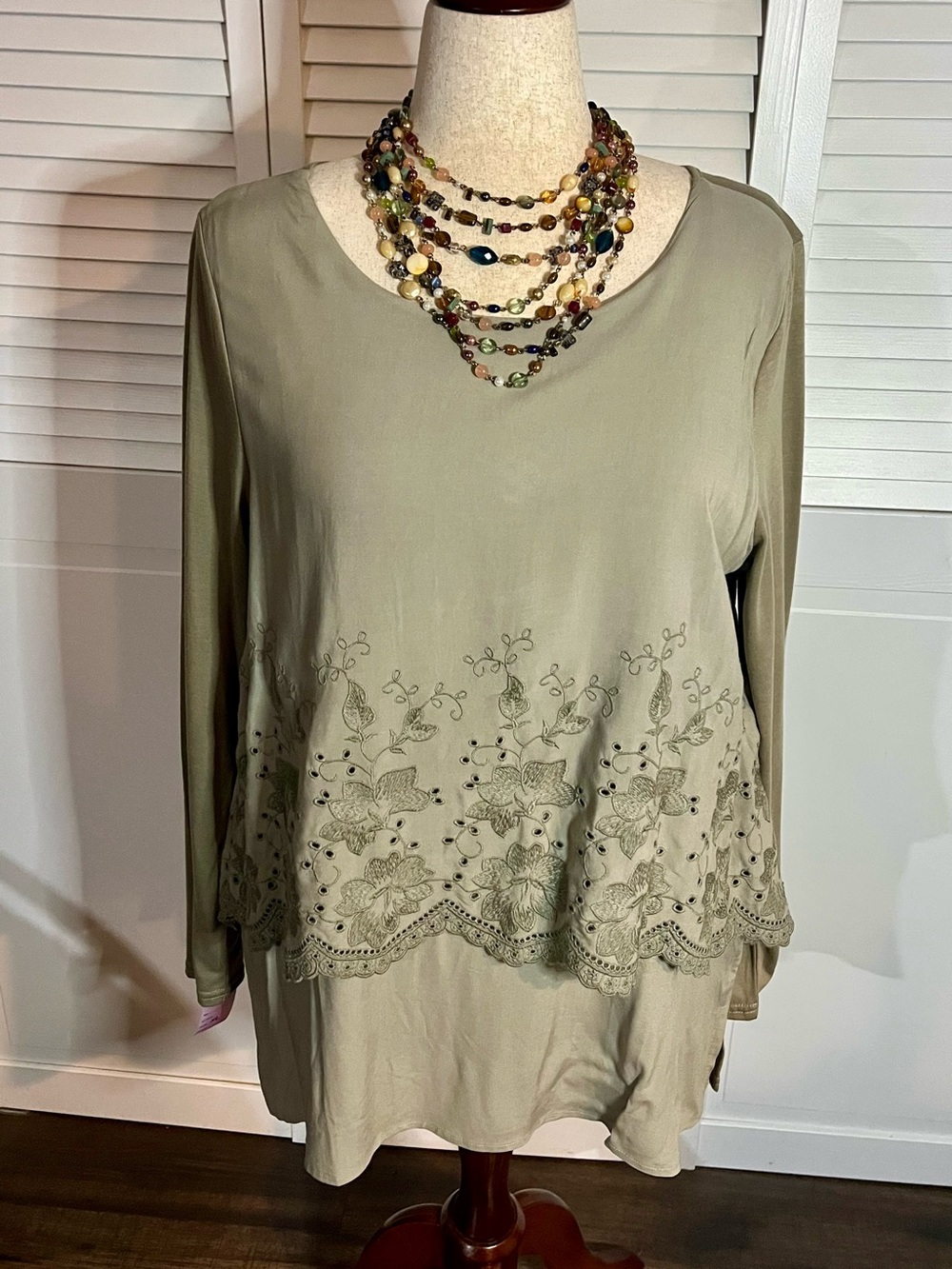 DG2 by Diane Gilman Olive Green Embroidered Layered Long Sleeve Tunic